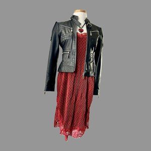 FREE PEOPLE polka dots Red Lace Spaghetti Strap pleated Slip Dress size 2